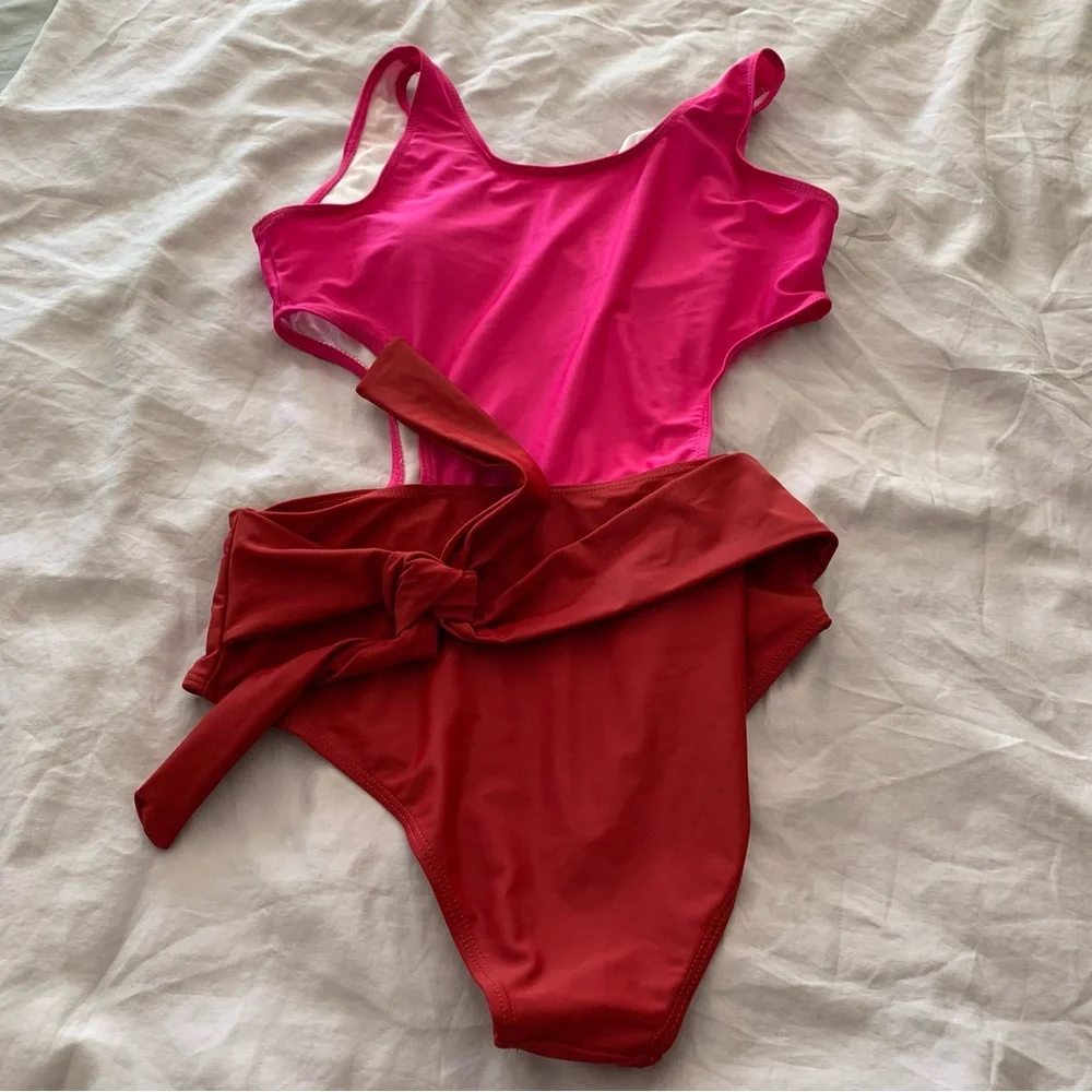 Pink Red‎ Colorblock Cutout Monokini Tie Waist Swimsuit Large